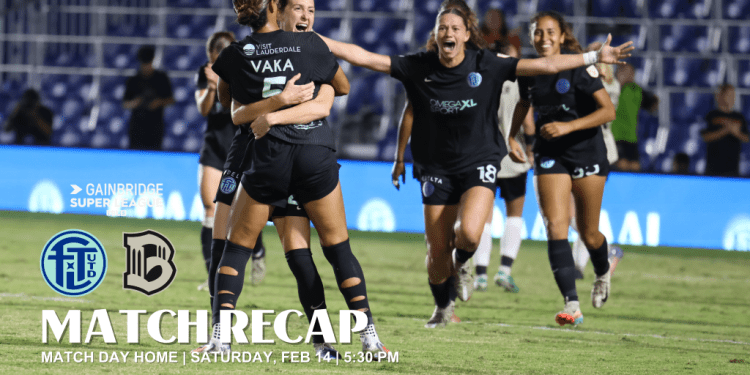 2/14/2026 Beyond Bancard Field, Davie, FL., Ella Simpson scores the equalizer against Brooklyn FC. Mandatory credit: Fort Lauderdale United