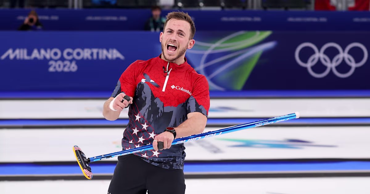 2/9/2026 Olympic Curling House, Cortina Bay, Italy, Korey Dropkin happy to tie the match. Mandatory Credit: Getty Images