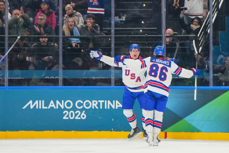 Milan, Italy - February  12: USA Brock Nelson #29 celebrates his second period goal against Latvia during Preliminary Round - Group C action at the Milano Cortina 2026 Olympic Winter Games at Milano Santagiulia IHO Arena on February 12, 2026 in Milan, Italy. [Photo by Andrea Cardin/IIHF]