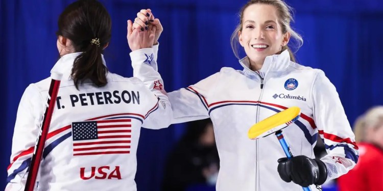 2/14/2026 Olympic curling Arena, Cortina bay, Italy, Tabitha Peterson and Taylor Anderson-Heide Celebrates the win. Mandatory credit: World Curling.