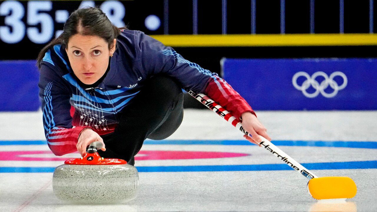 2/15/2026 Olympic Curling Arena, Cortina Bay, Italy, Tabitha Peterson with a big hammer shot. Mandatory Credit: TMJ4 through of Getty Images