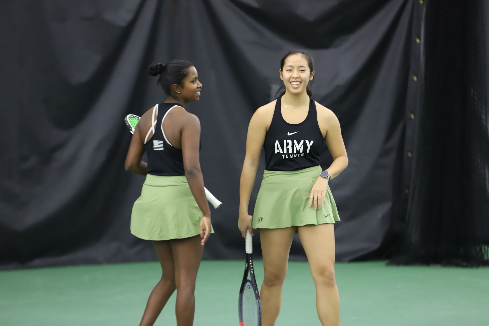 Army’s Ylan Duong and Vennmukiil Mathivanan compete in doubles against FDU’s Ann Kato and Sophia Fredericks-McKee at West Point.