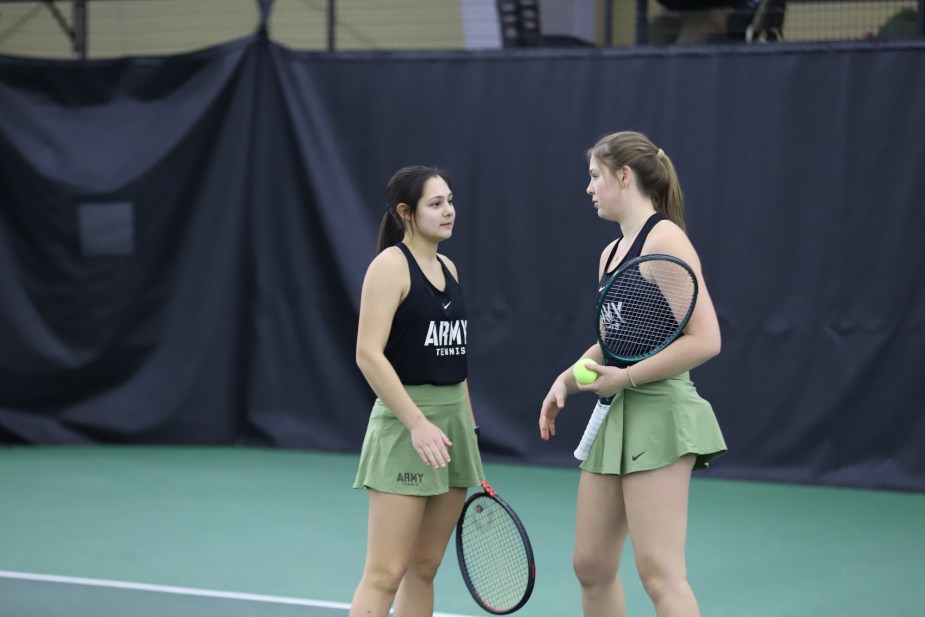 Army’s Olivia Mellynchuk and Emily Ruckno compete in doubles against FDU’s Yelena Kim and Anastasia Lim at West Point.