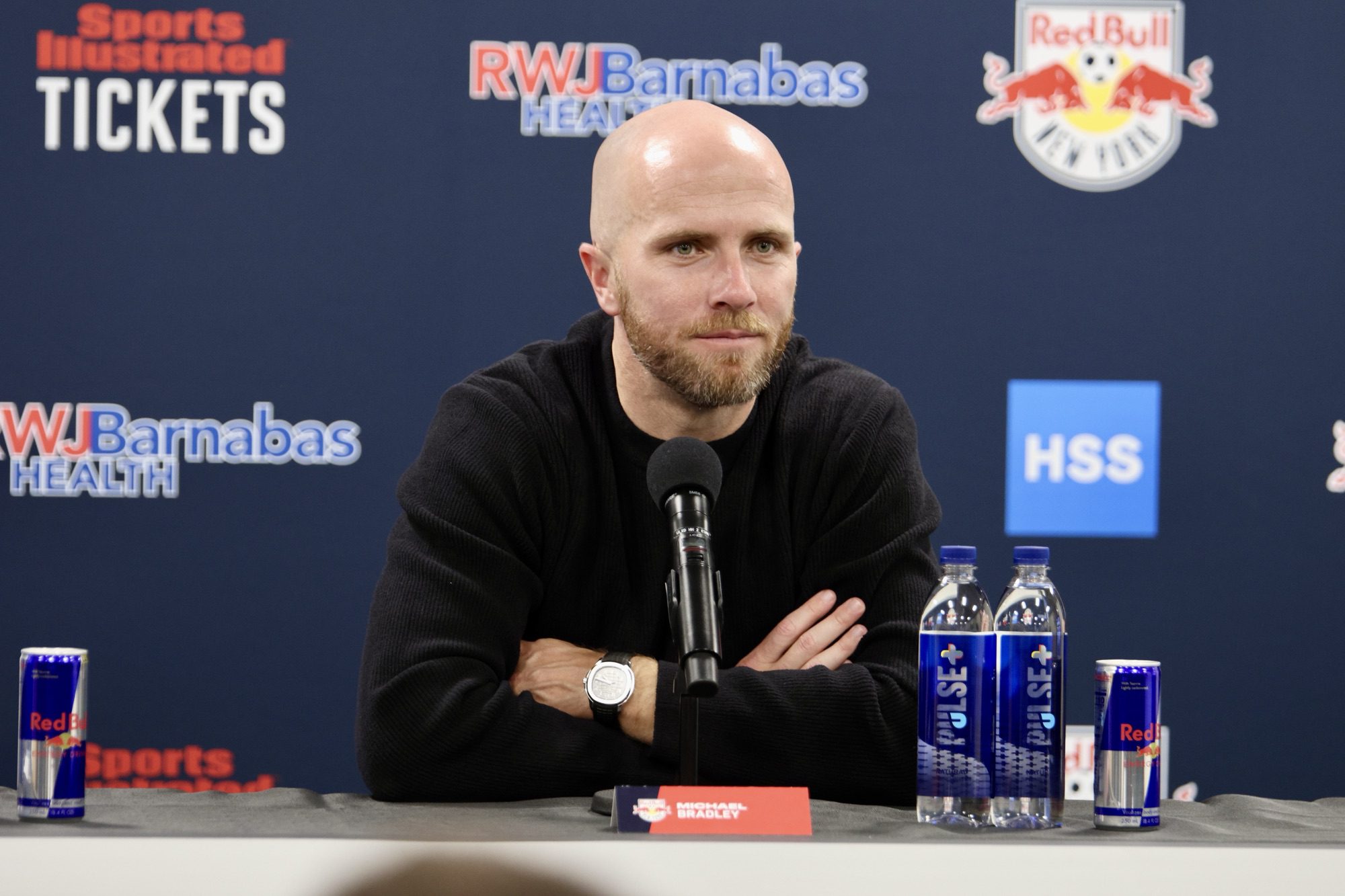 2/18/26, Harrison, New Jersey, Sports Illustrated Stadium. Red Bulls New York head coach Michael Bradley speaks during a press conference at Red Bulls New York Media Day. Mandatory Credit: Jose Pichirilo / Bad Dawg Sports