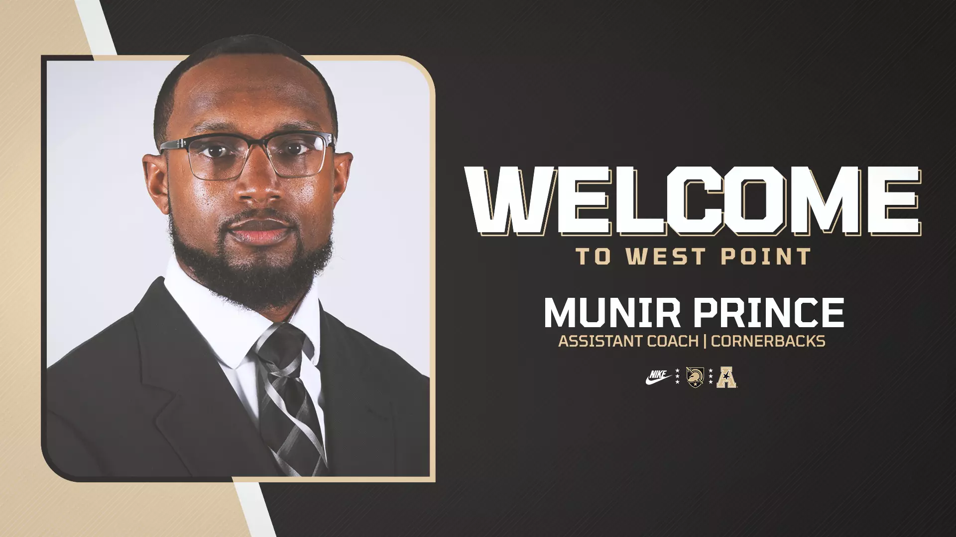 Army West Point Football welcome graphic featuring Munir Prince, assistant coach and cornerbacks coach, with “Welcome to West Point” text.