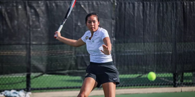 Army West Point women’s tennis player Ylan Duong hits a forehand during match play. Mandatory Credit: Army West Point Athletics.