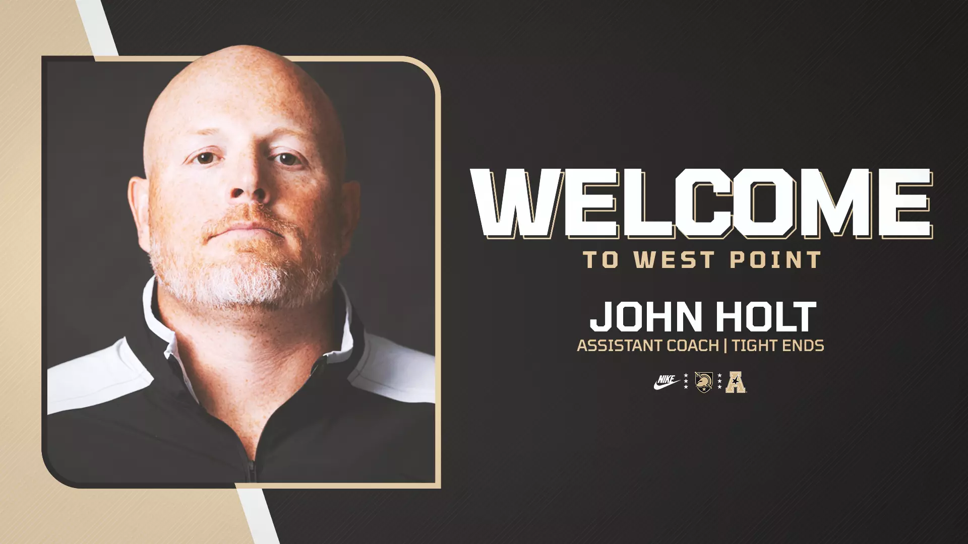 Army West Point Football welcome graphic featuring John Holt as the Black Knights’ tight ends coach. Mandatory Credit: Army West Point Athletics.