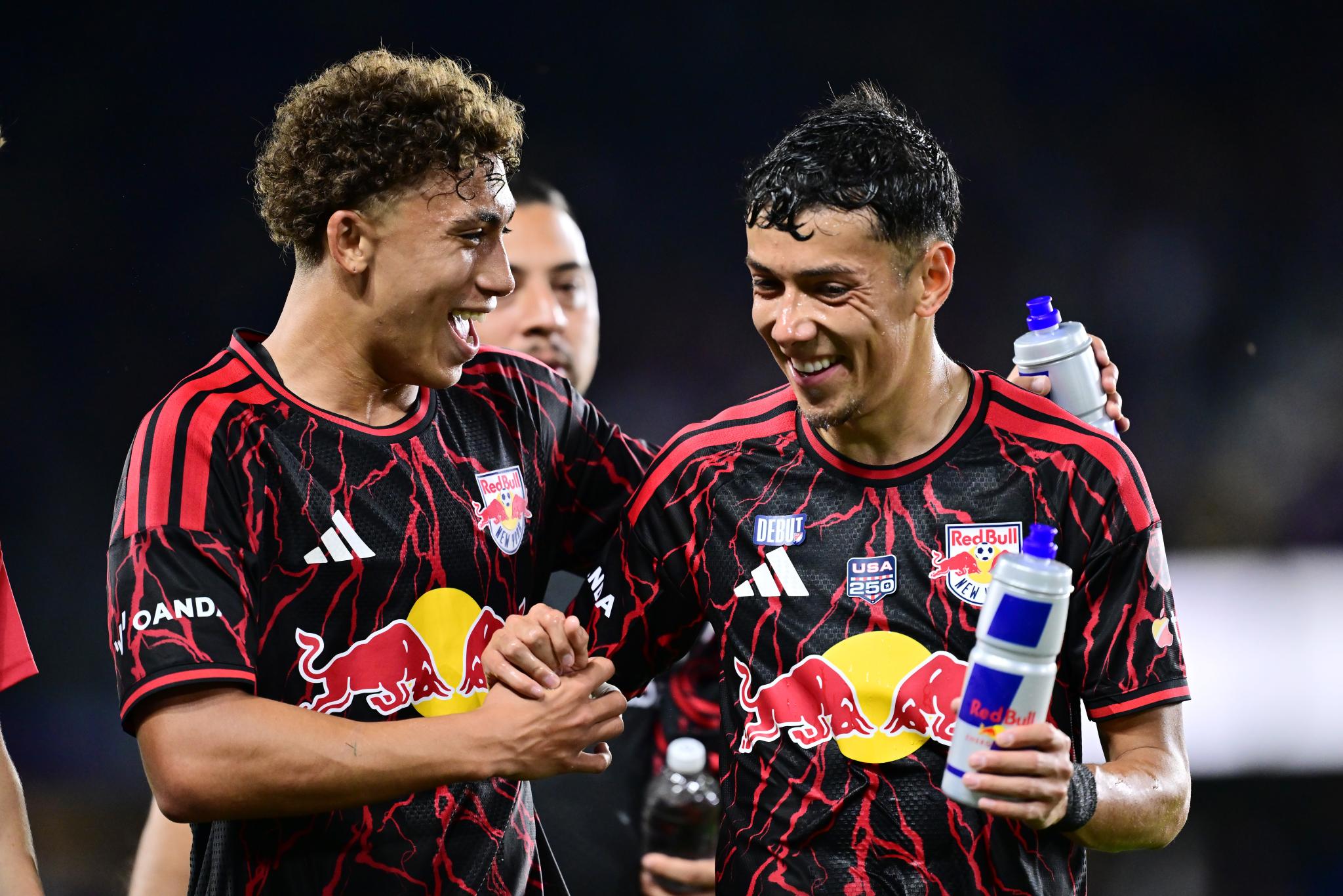 Julian Hall, who scored two goals, celebrates with teammate Jorge Ruvalcaba during halftime of the Red Bulls’ 2–1 win over Orlando City SC at Inter&Co Stadium on Feb. 21, 2026, in Orlando, Florida. Getty Images.