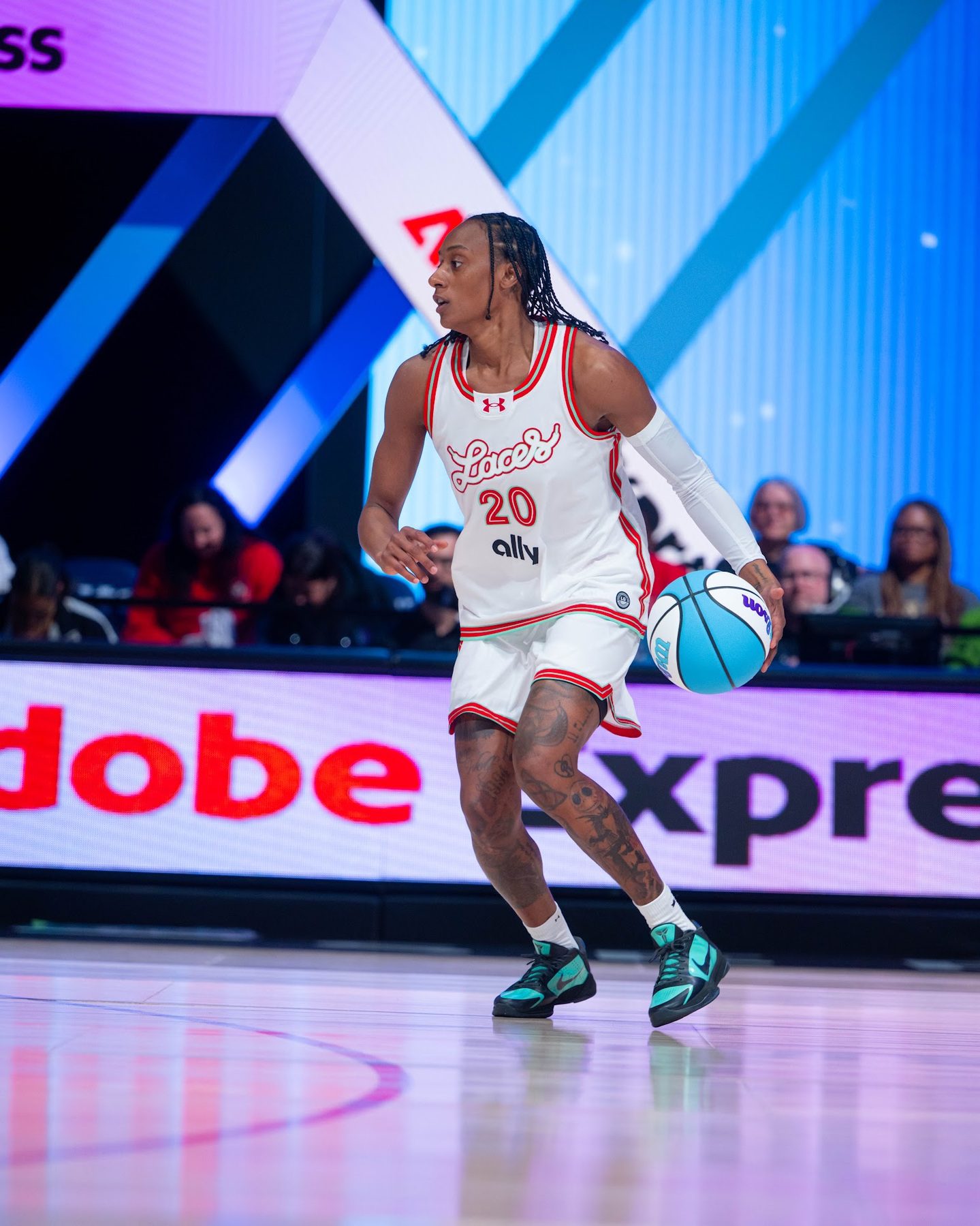 Brittney Sykes of the Laces dribbles up the court during a game at Sephora Arena, where she led the team to a win over the Breeze on Feb. 27, 2026. Mandatory Credit: Getty Images.